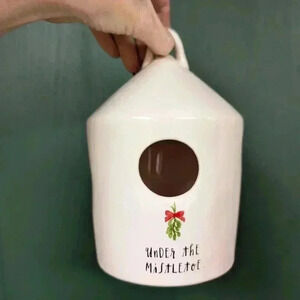 Rae Dunn under the mistletoe  Christmas birdhouse